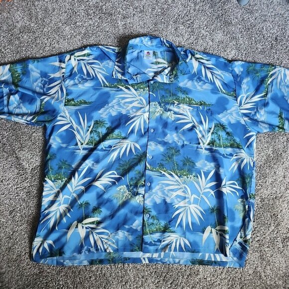 Y2K Rima Brand Hawaiian Button Down Men's 2XL / Boxy 3XL Blue Palm Tree Floral - Picture 1 of 6